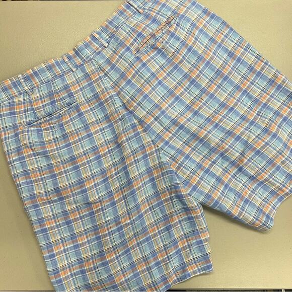 Peter Millar Shorts 100% Linen Checkered Blue Orange White Mens Size 36 - Picture 2 of 6